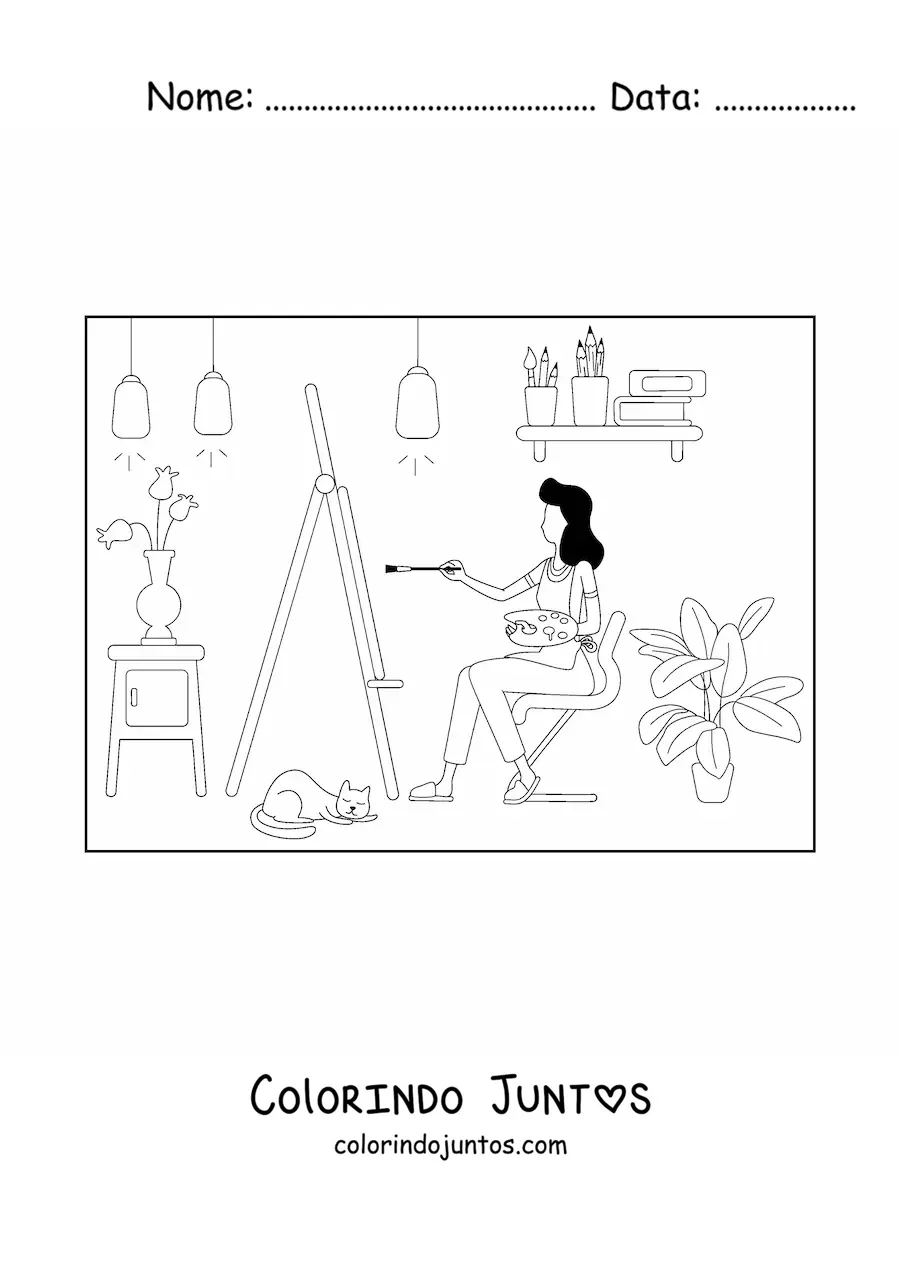Desenho para colorir de garota artista pintando um quadro em casa ao lado do seu gato