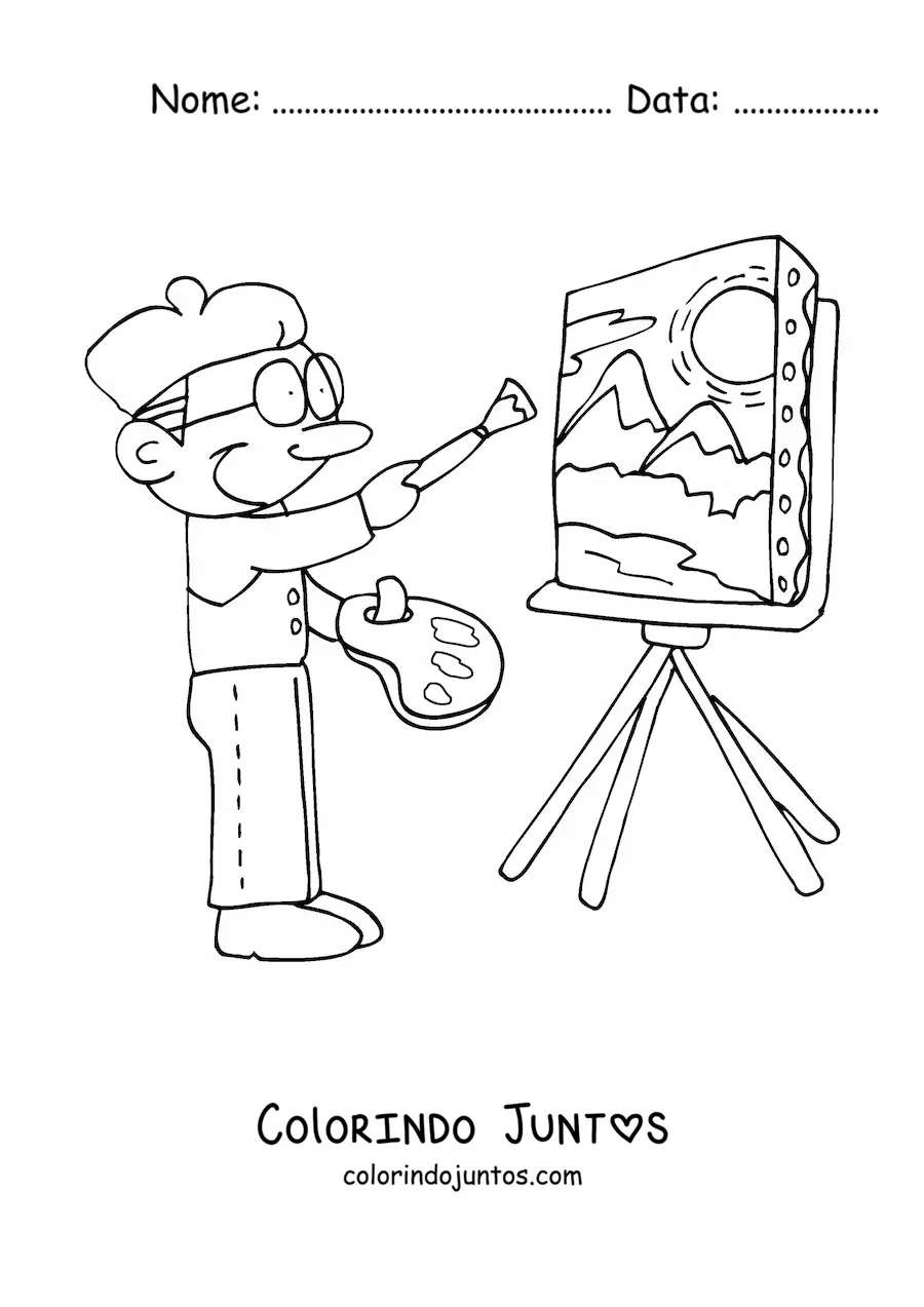 Desenho para colorir de pintor facil animado pintando uma obra de arte