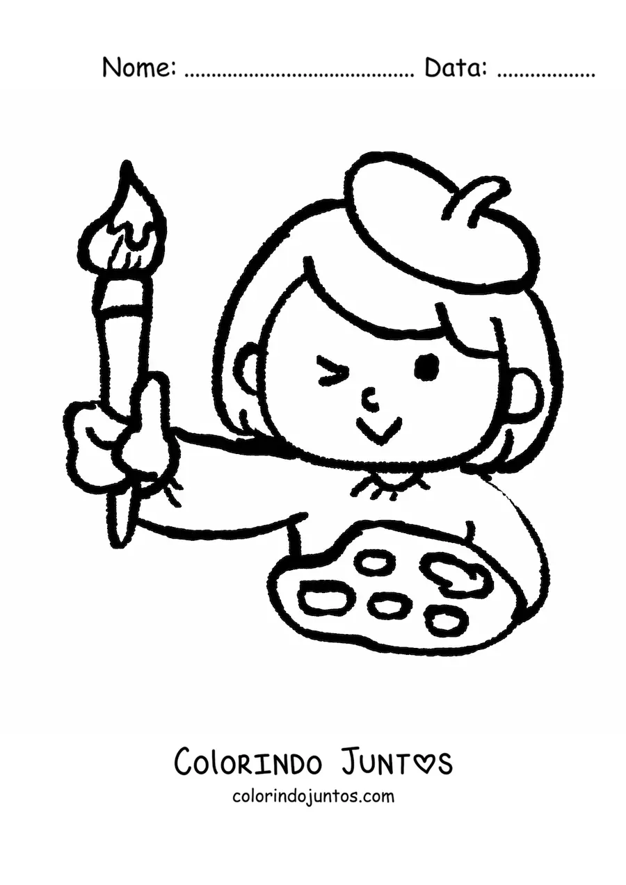 Desenho para colorir de artista plastico facil com uma paleta e um pincel