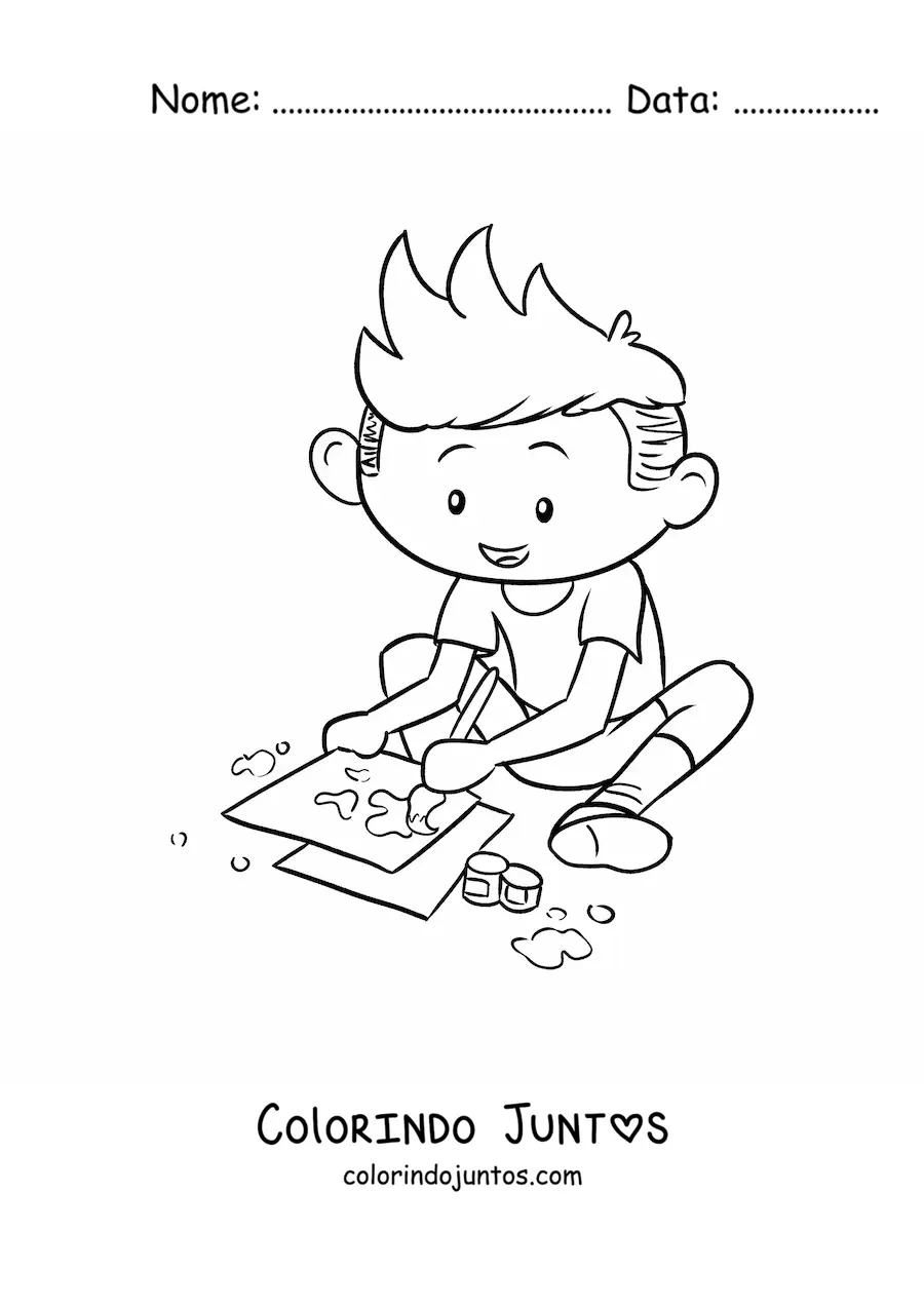 Desenho para colorir de menino pintando em folhas de papel
