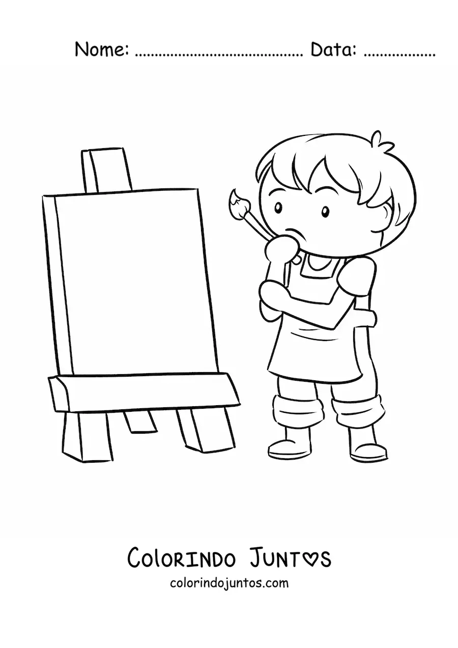 Desenho para colorir de menino pintor diante de uma tela em branco