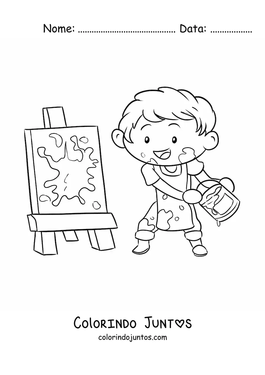 Desenho para colorir de menino pintor pintando um quadro abstrato