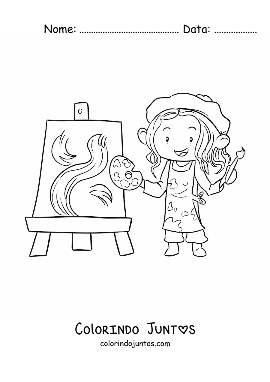 Desenho para colorir de menina pintora pintando um quadro abstrato