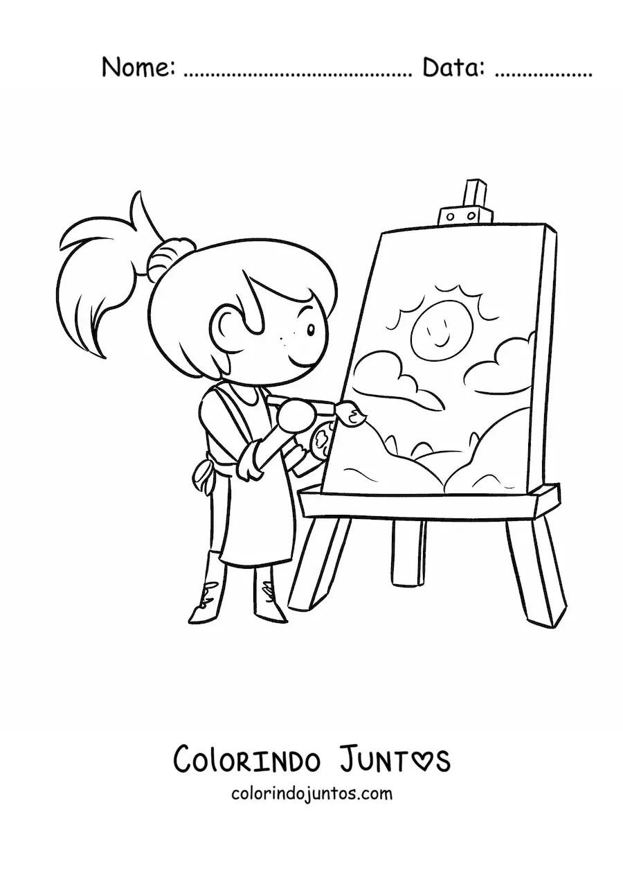 Desenho para colorir de menina artista pintando em uma tela