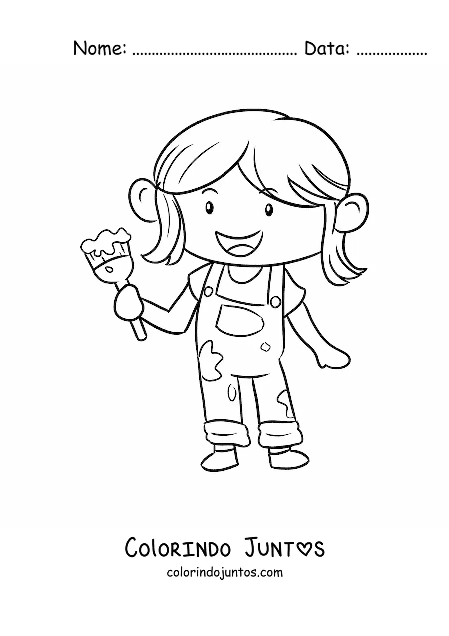 Desenho para colorir de menina pintora com um pincel
