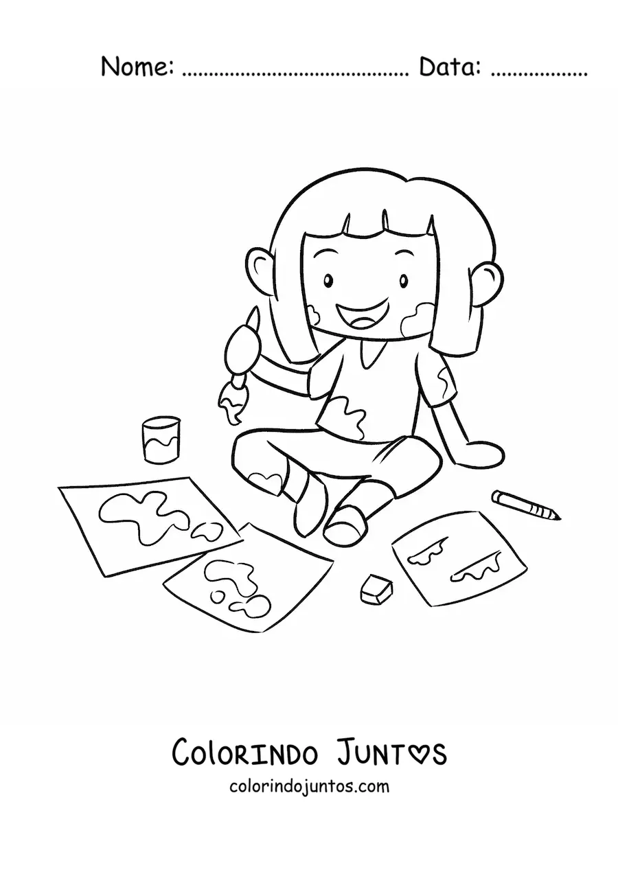 Desenho para colorir de menina pintando em folhas de papel