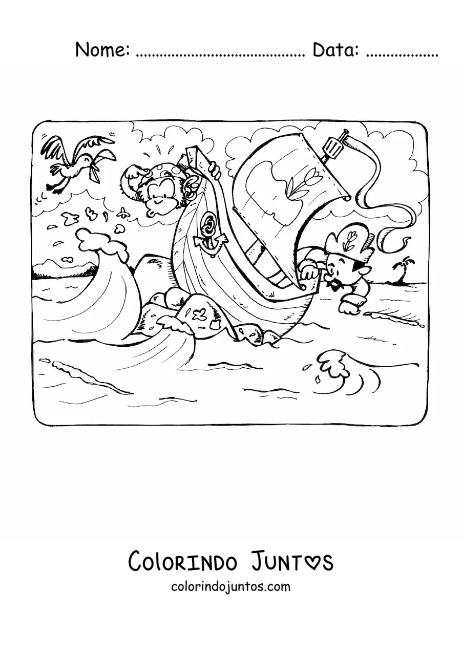 Desenho para colorir de um navio pirata no mar batendo contra as ondas