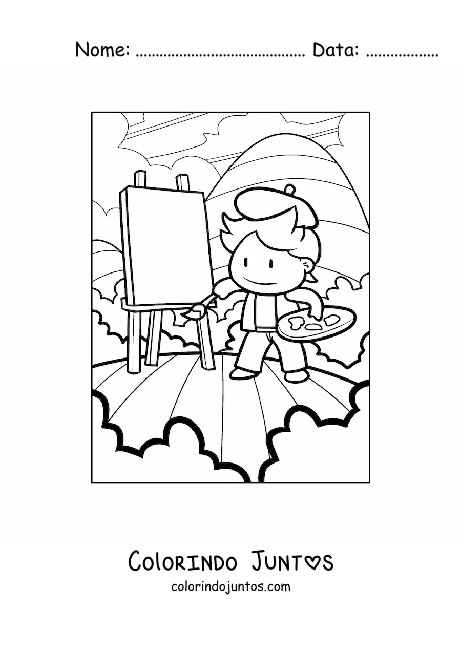 Desenho para colorir de pintor animado criando uma obra de arte