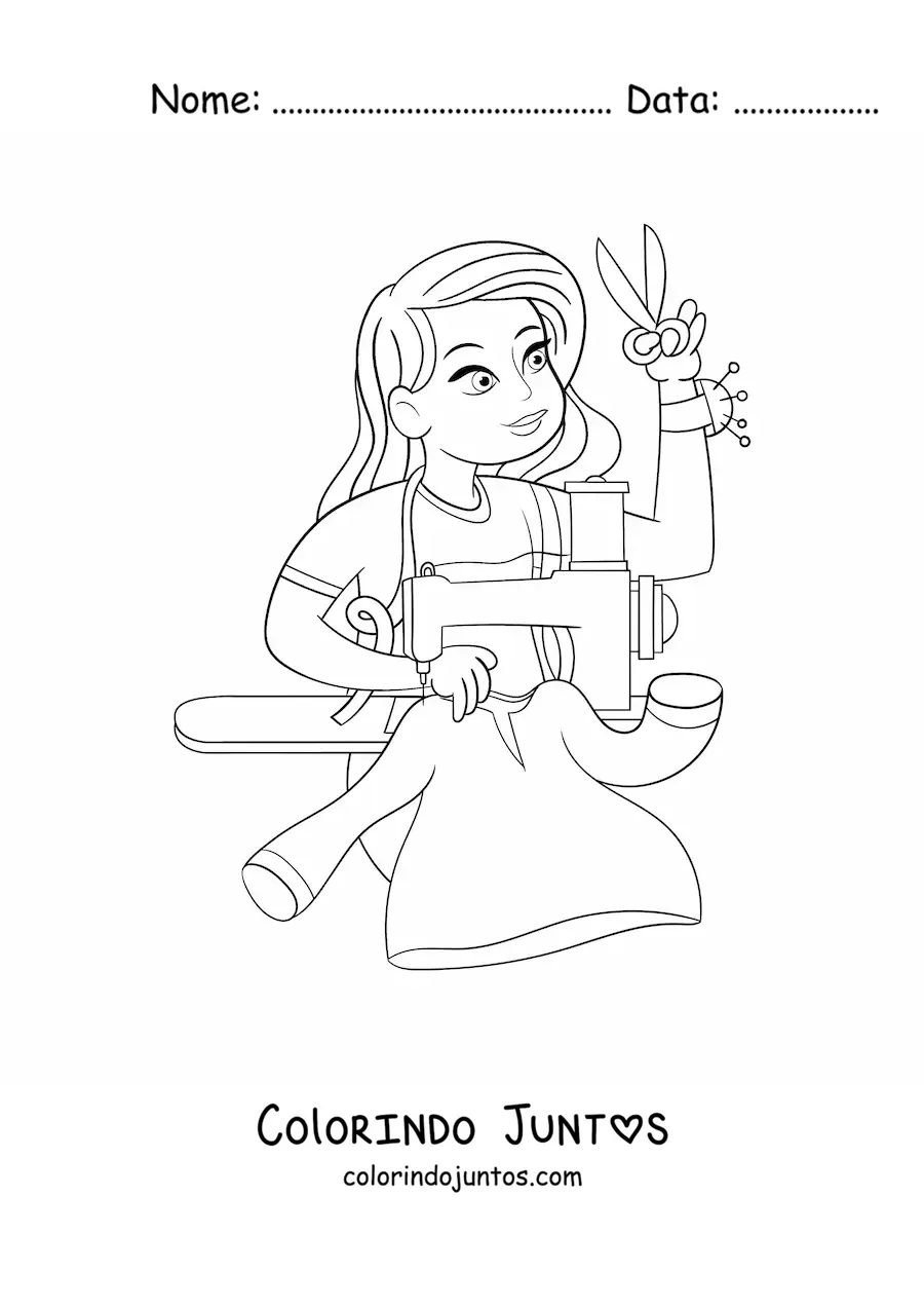 Desenho para colorir de modista e costureira com maquina de costura