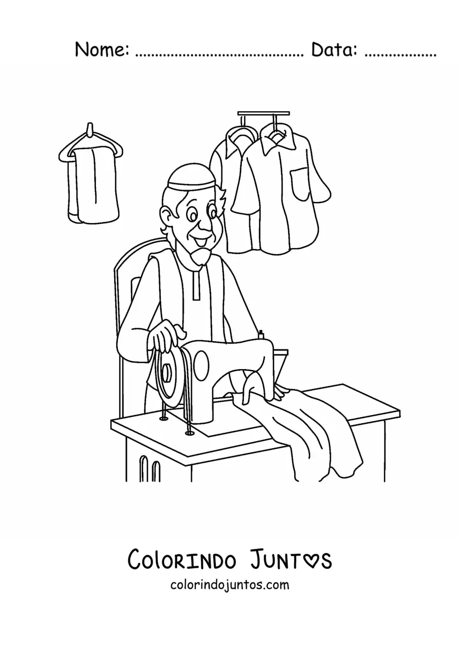 Desenho para colorir de homem alfaiate com maquina de costura