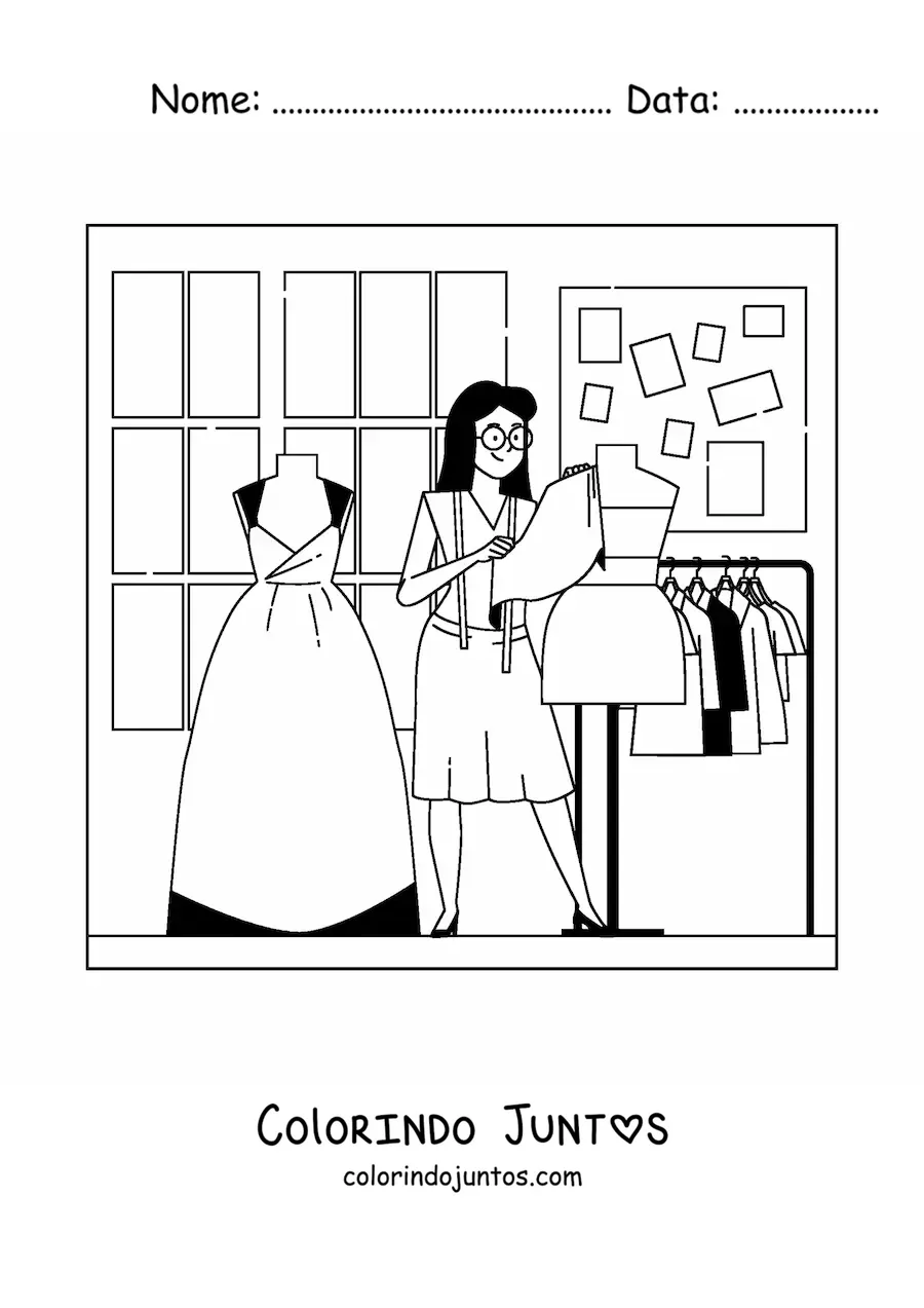 Desenho para colorir de estilista de moda com um manequim