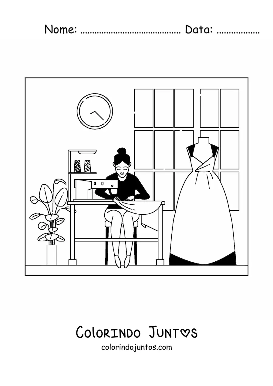 Desenho para colorir de estilista de moda e costureira com maquina de costura