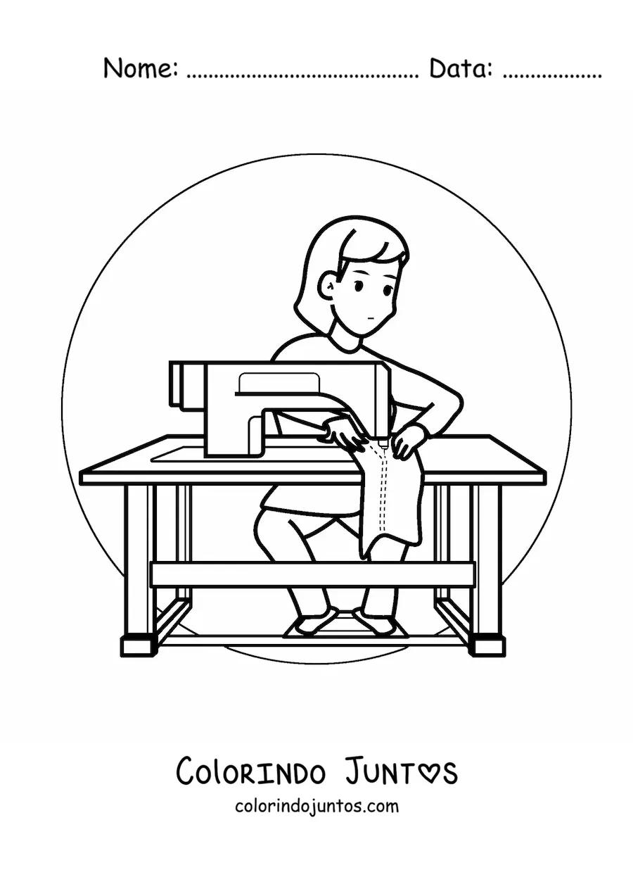 Desenho para colorir de mulher modista com uma maquina de costura