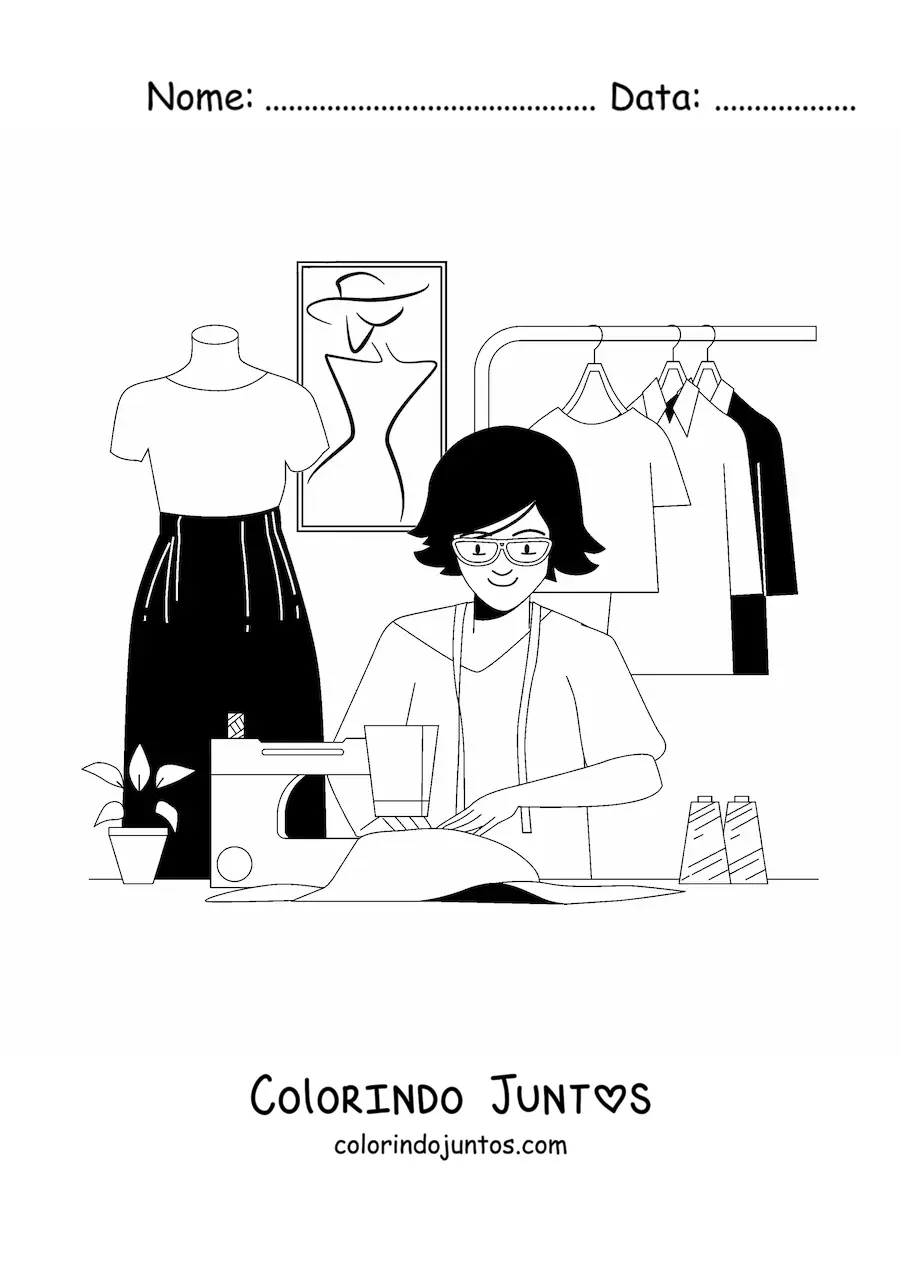 Desenho para colorir de estilista de moda costurando em uma maquina de costura ao lado de um manequim