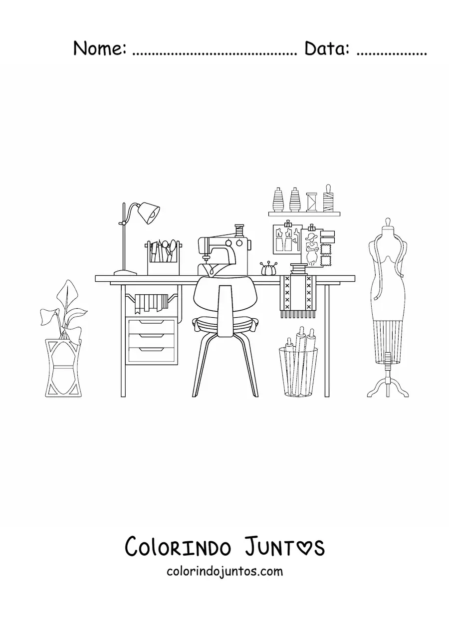 Desenho para colorir do atelie de uma modista e suas ferramentas