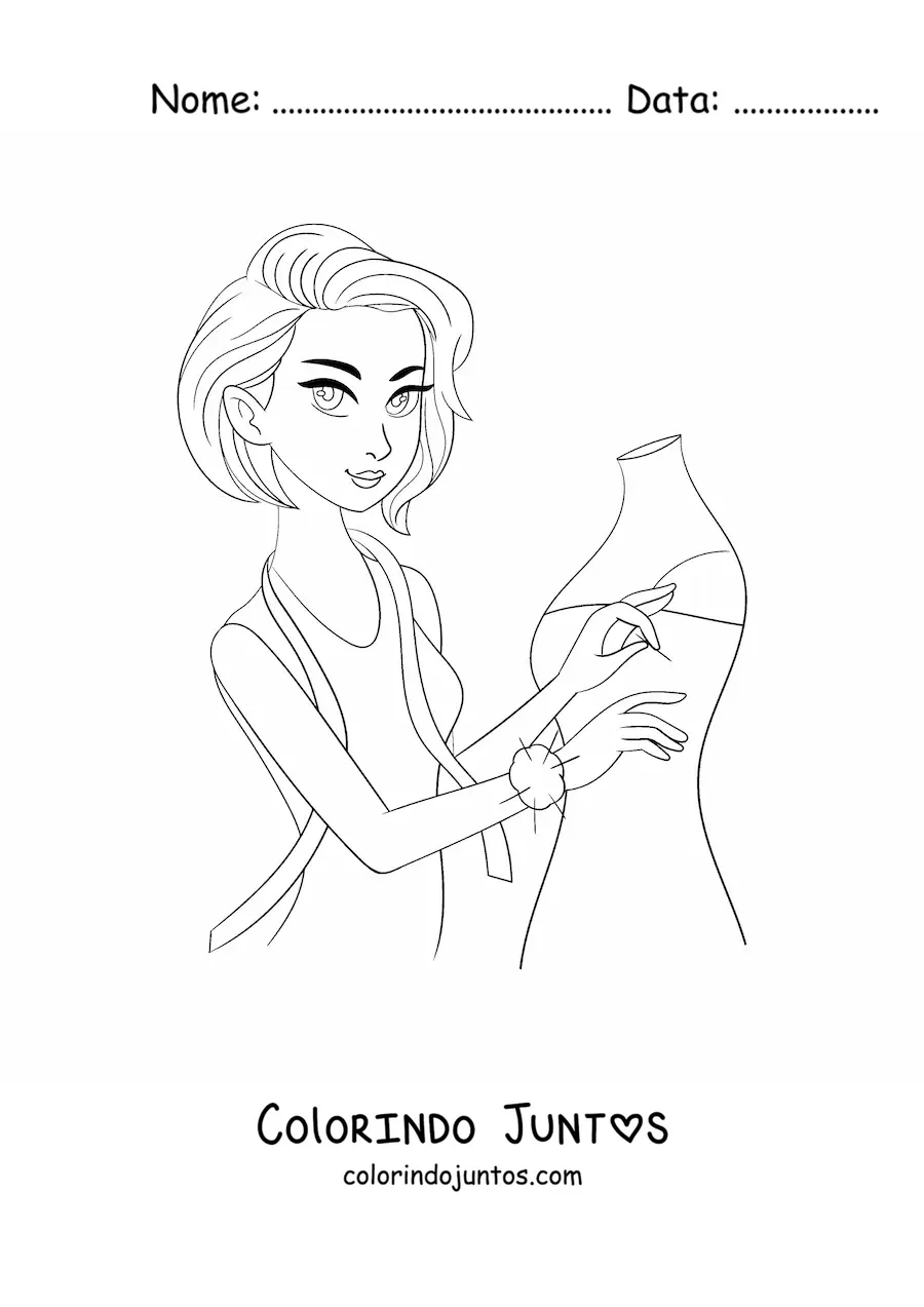 Desenho para colorir de mulher com profissao de modista com um manequim