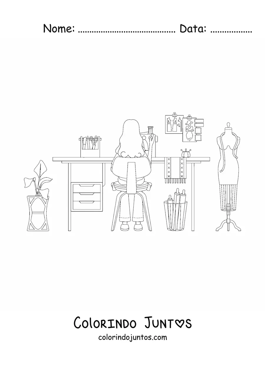 Desenho para colorir de mulher com profissao de modista em seu atelie de costura