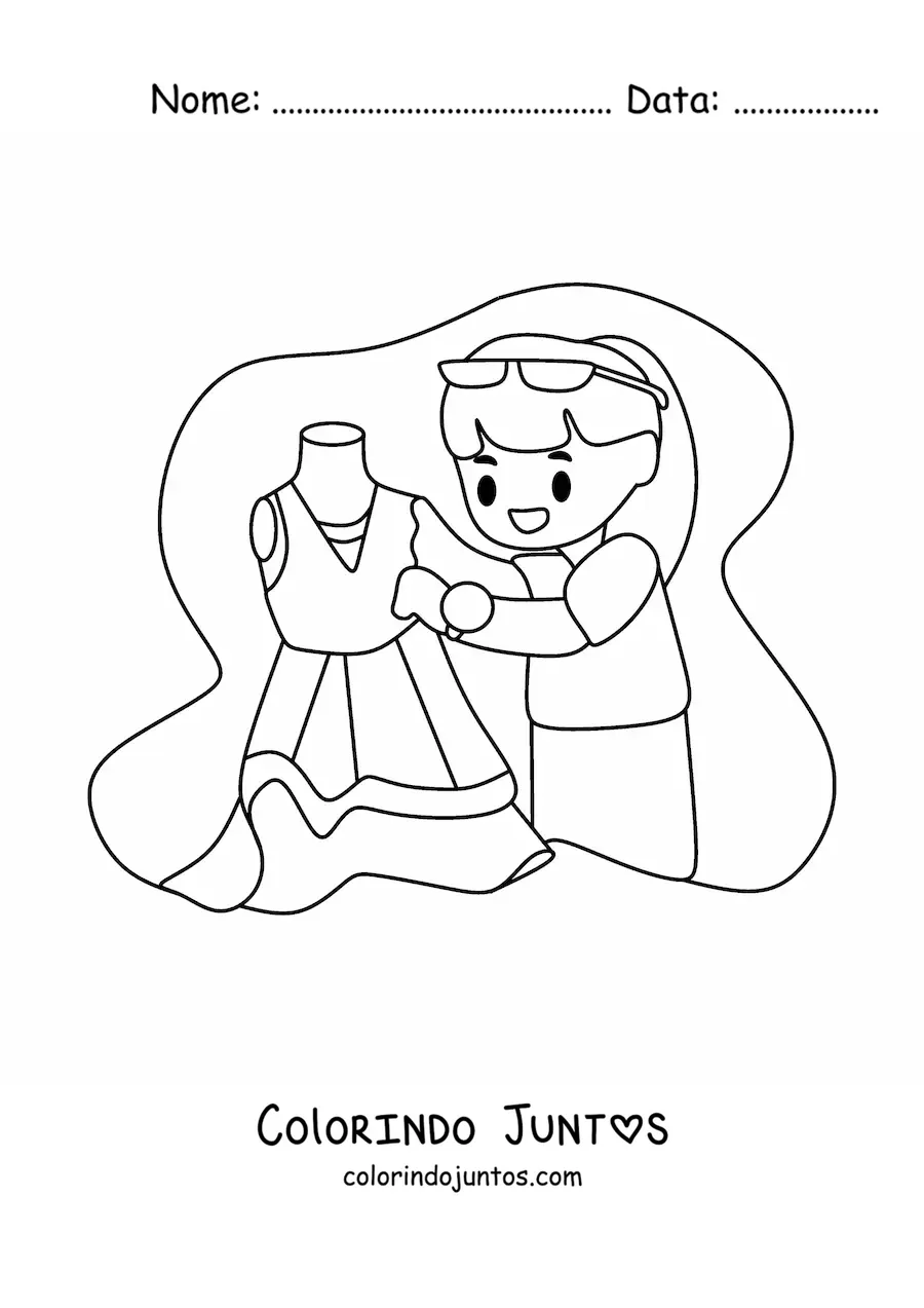 Desenho para colorir de estilista de moda animada com um vestido em um manequim