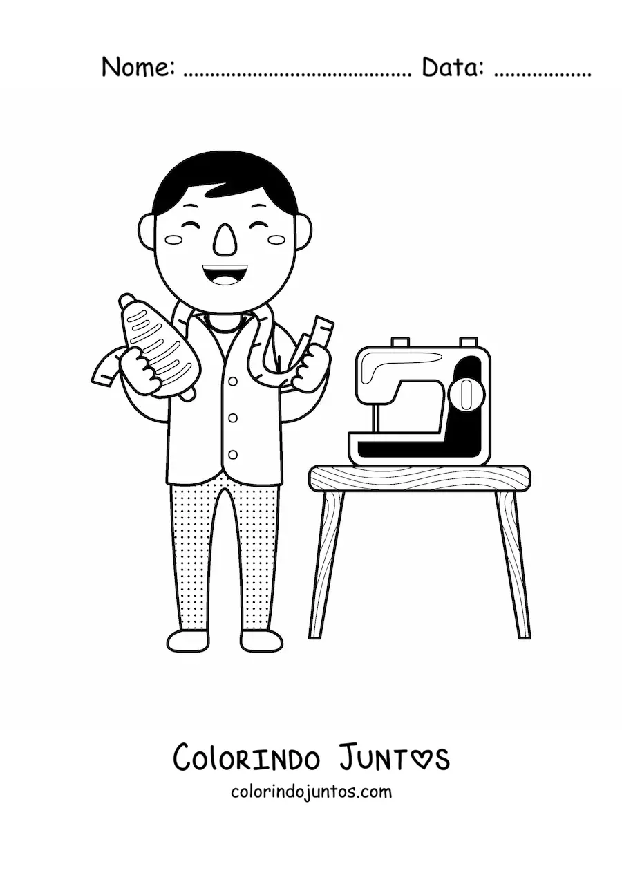 Desenho para colorir de alfaiate com uma fita metrica e uma maquina de costura