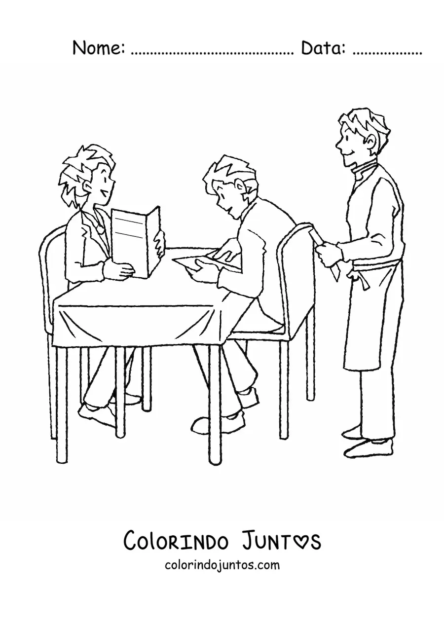 Desenho para colorir de garcom trabalhando em um restaurante