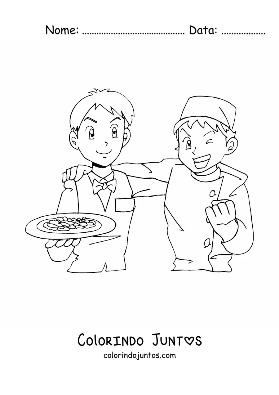 Desenho para colorir de garcom e chef de um restaurante estilo anime