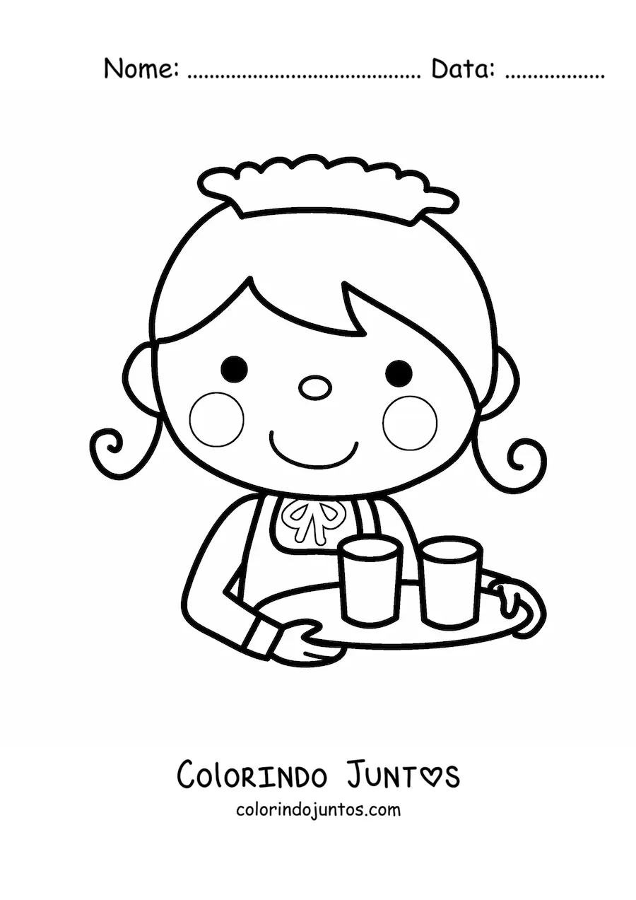 Desenho para colorir de garconete kawaii levando uma bandeja com copos