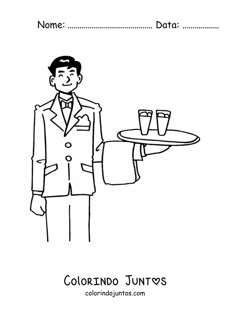Desenho para colorir de garcom animado levando uma bandeja com copos