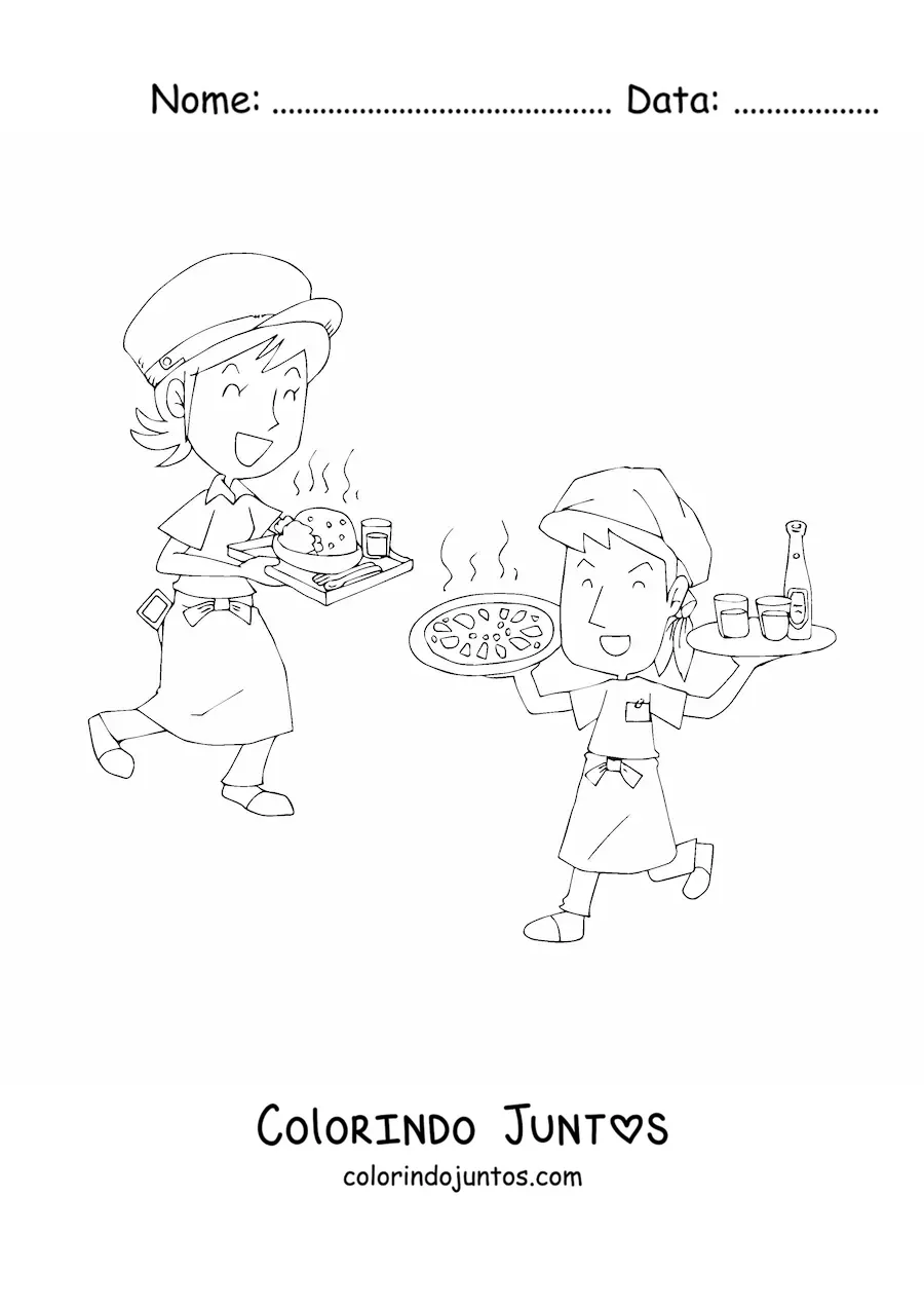 Desenho para colorir de caricatura de garcons de um restaurante trabalhando