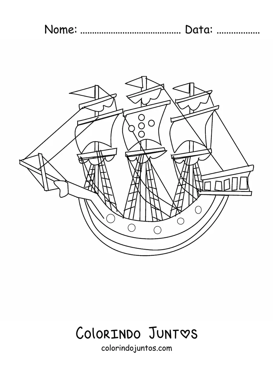 Desenho para colorir de um barco com varias velas