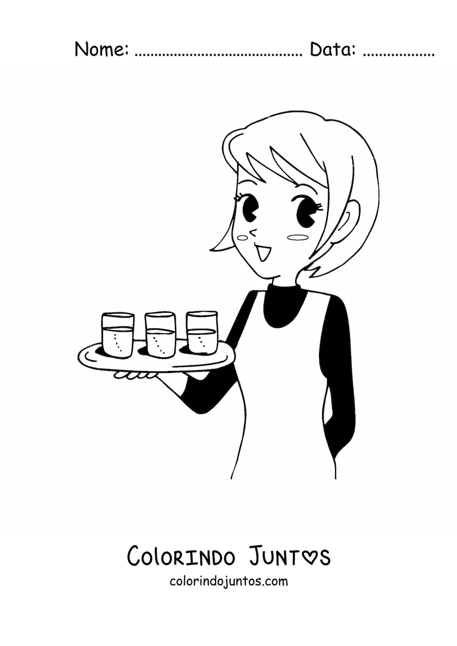 Desenho para colorir de garconete de um restaurante estilo anime
