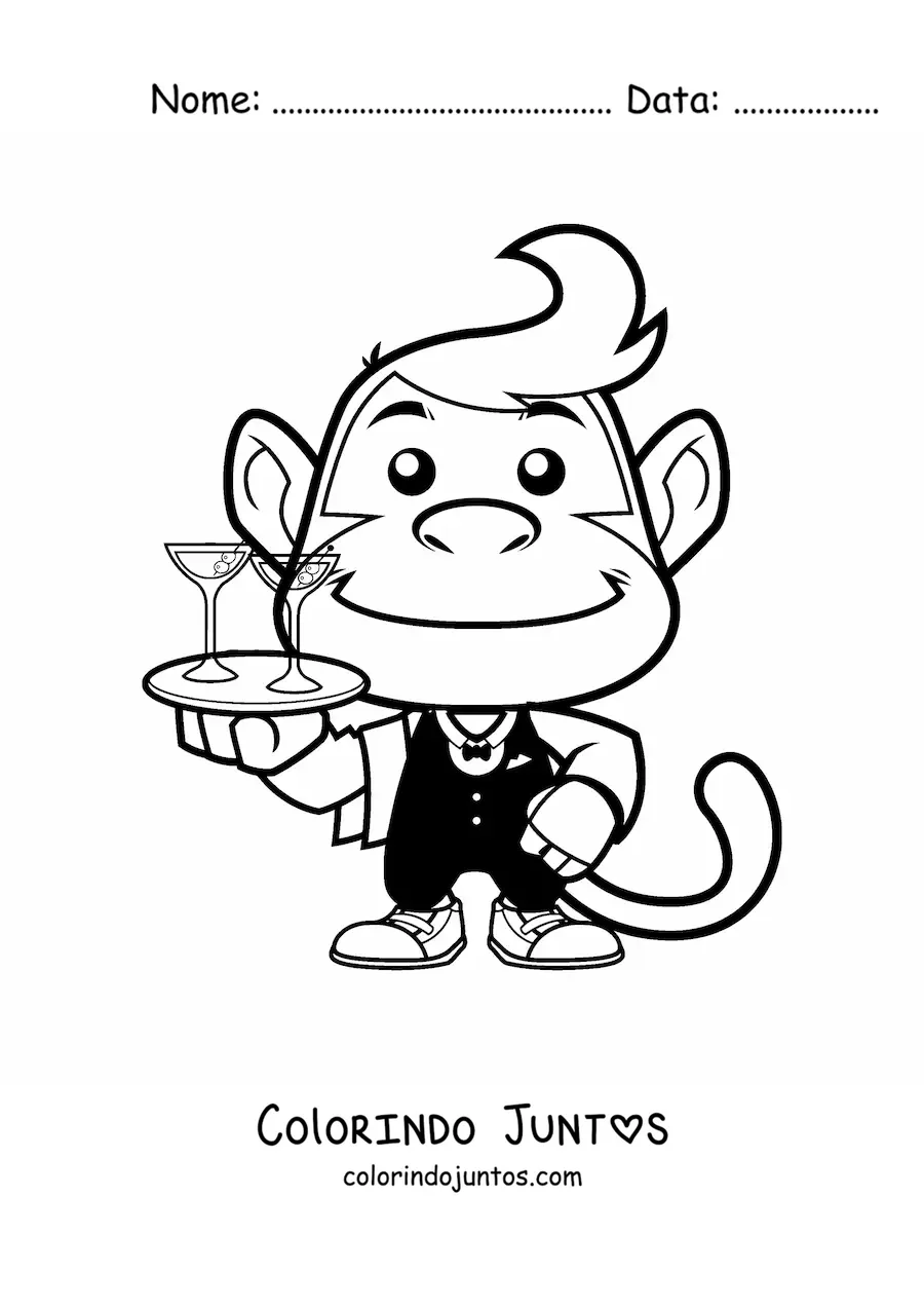 Desenho para colorir de macaco animado com oficio de garcom