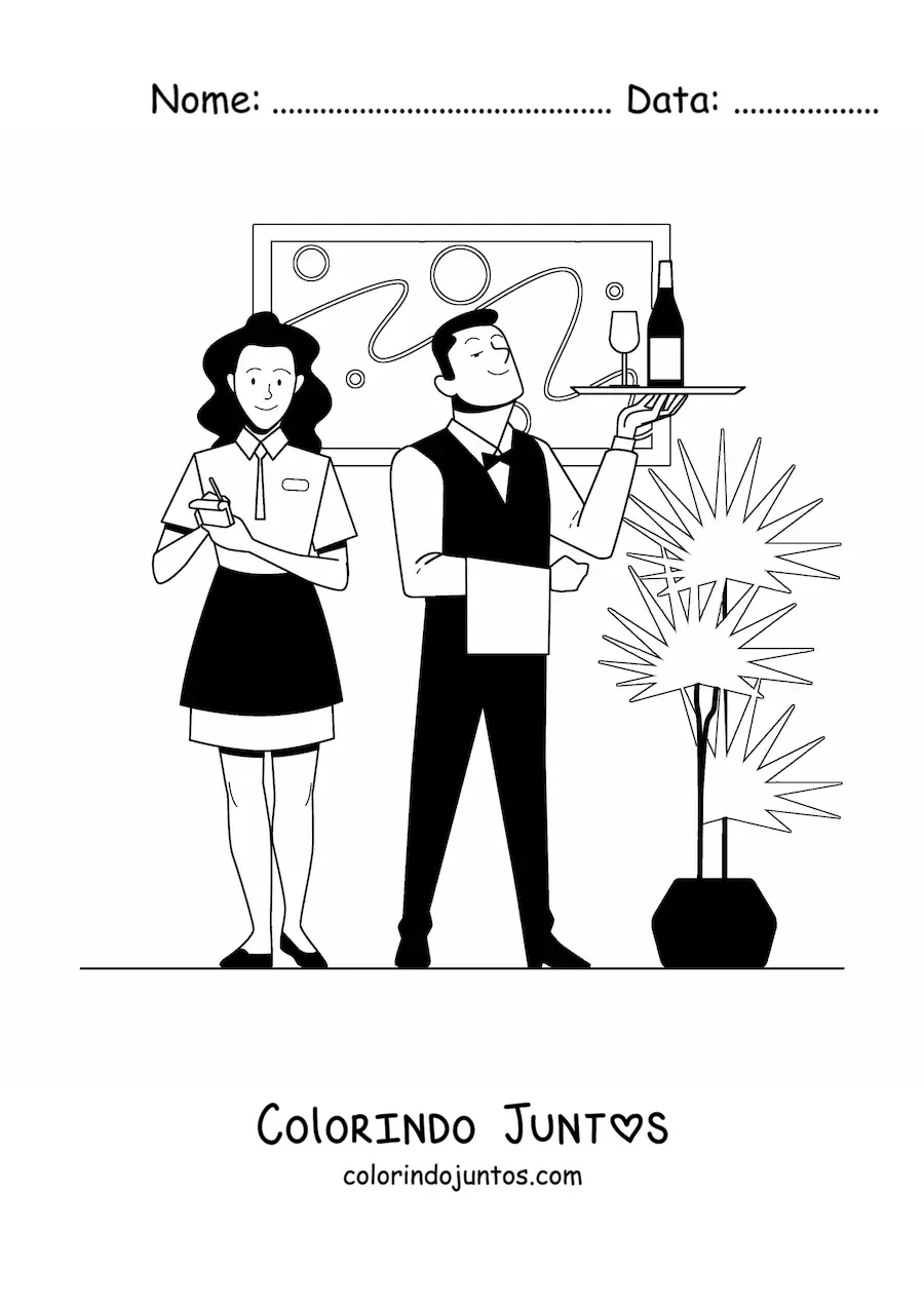 Desenho para colorir de garconete e garcom de um restaurante