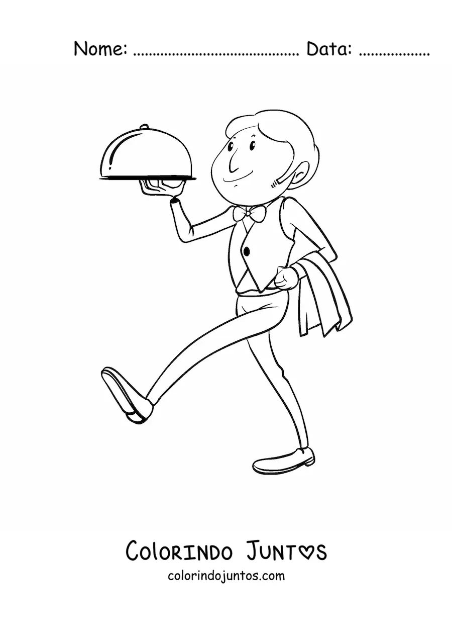 Desenho para colorir de garcom levando uma bandeja em um restaurante