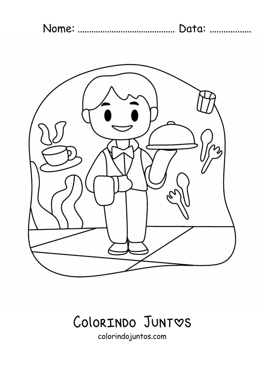 Desenho para colorir de garcom animado levando uma bandeja em um restaurante