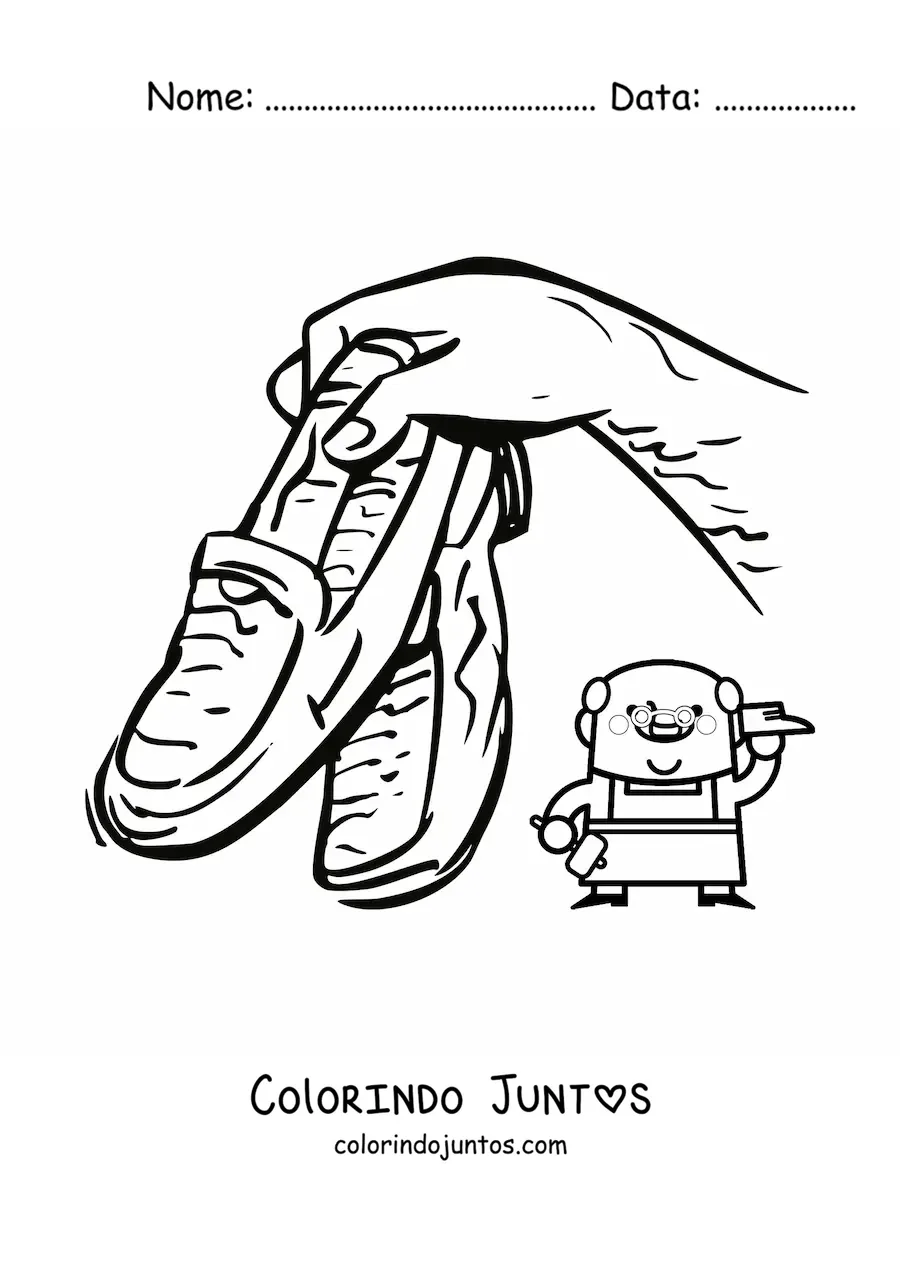 Desenho para colorir de sapateiro artesao animado com um par de sapatos