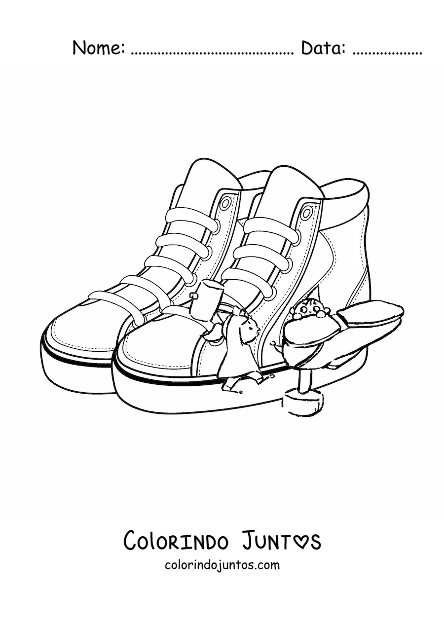 Desenho para colorir de duendes sapateiros com um par de sapatos