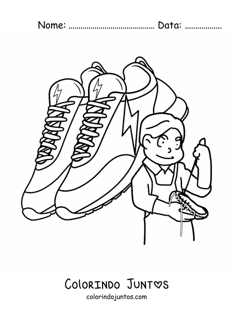 Desenho para colorir de homem com oficio de sapateiro animado com um par de sapatos