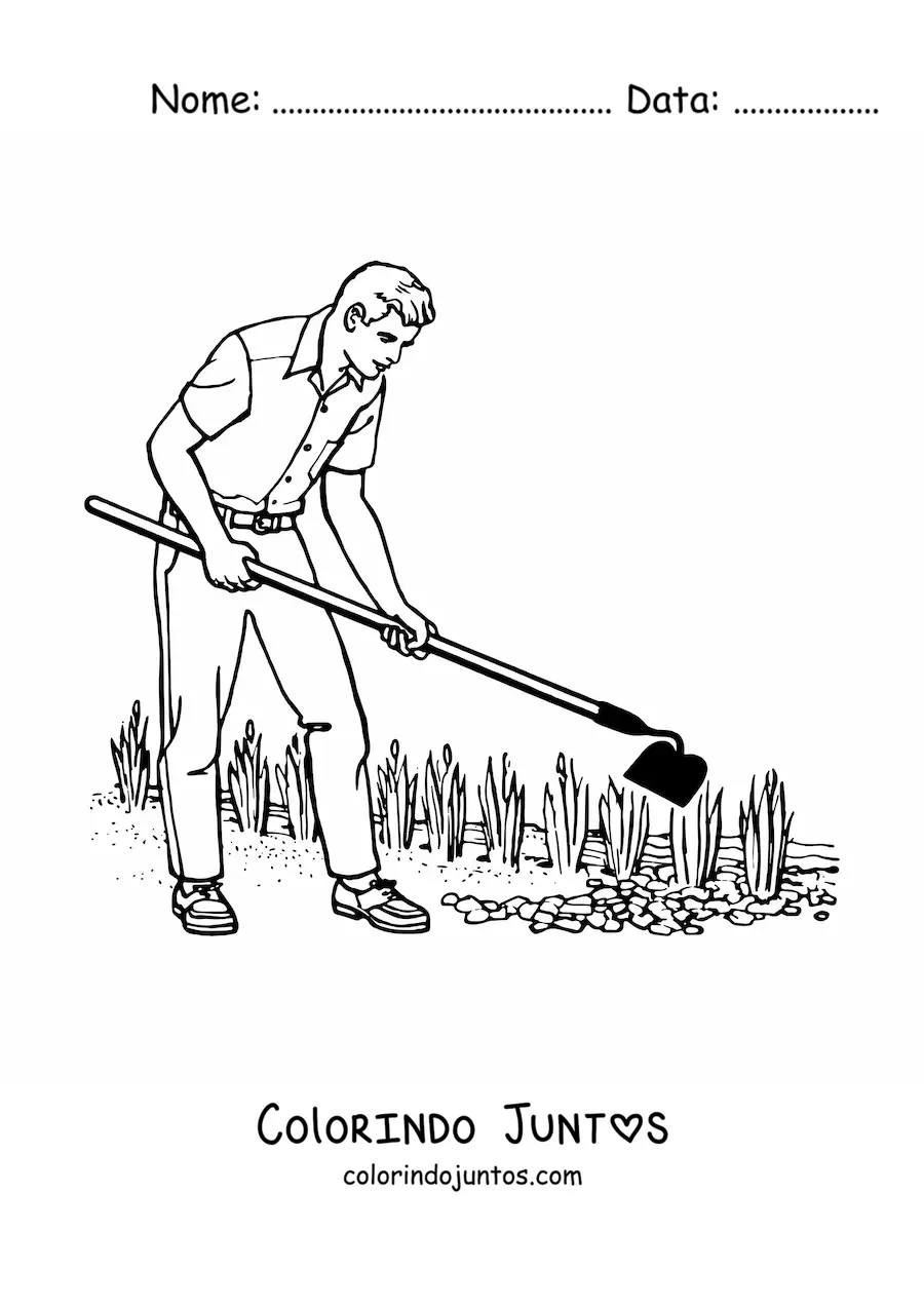 Desenho para colorir de paisagista trabalhando em um jardim