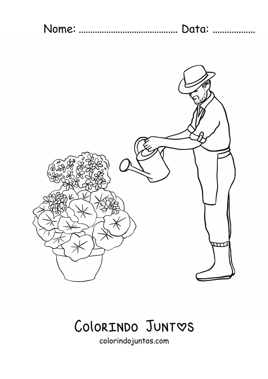 Desenho para colorir de jardineiro com chapeu regando as plantas