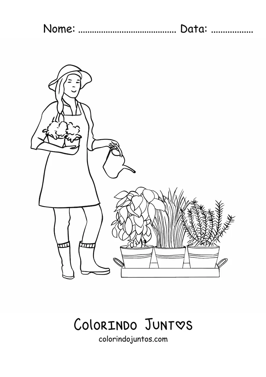 Desenho para colorir de jardineira com chapeu regando as plantas