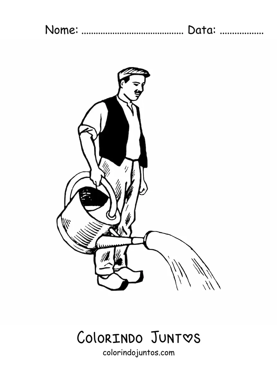 Desenho para colorir de homem com oficio de jardineiro regando as plantas