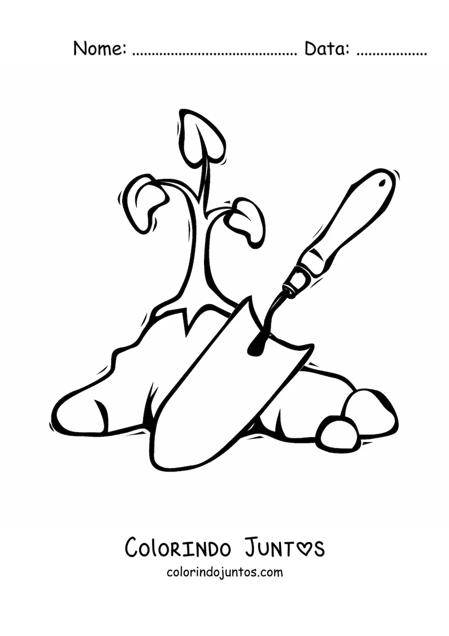 Desenho para colorir de pa de jardineiro ao lado de uma planta