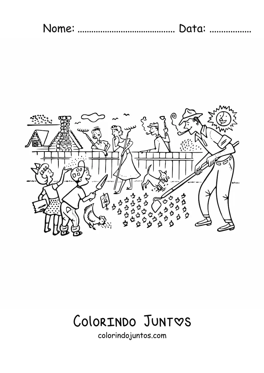 Desenho para colorir de familia com criancas fazendo trabalhos de jardinagem no jardim