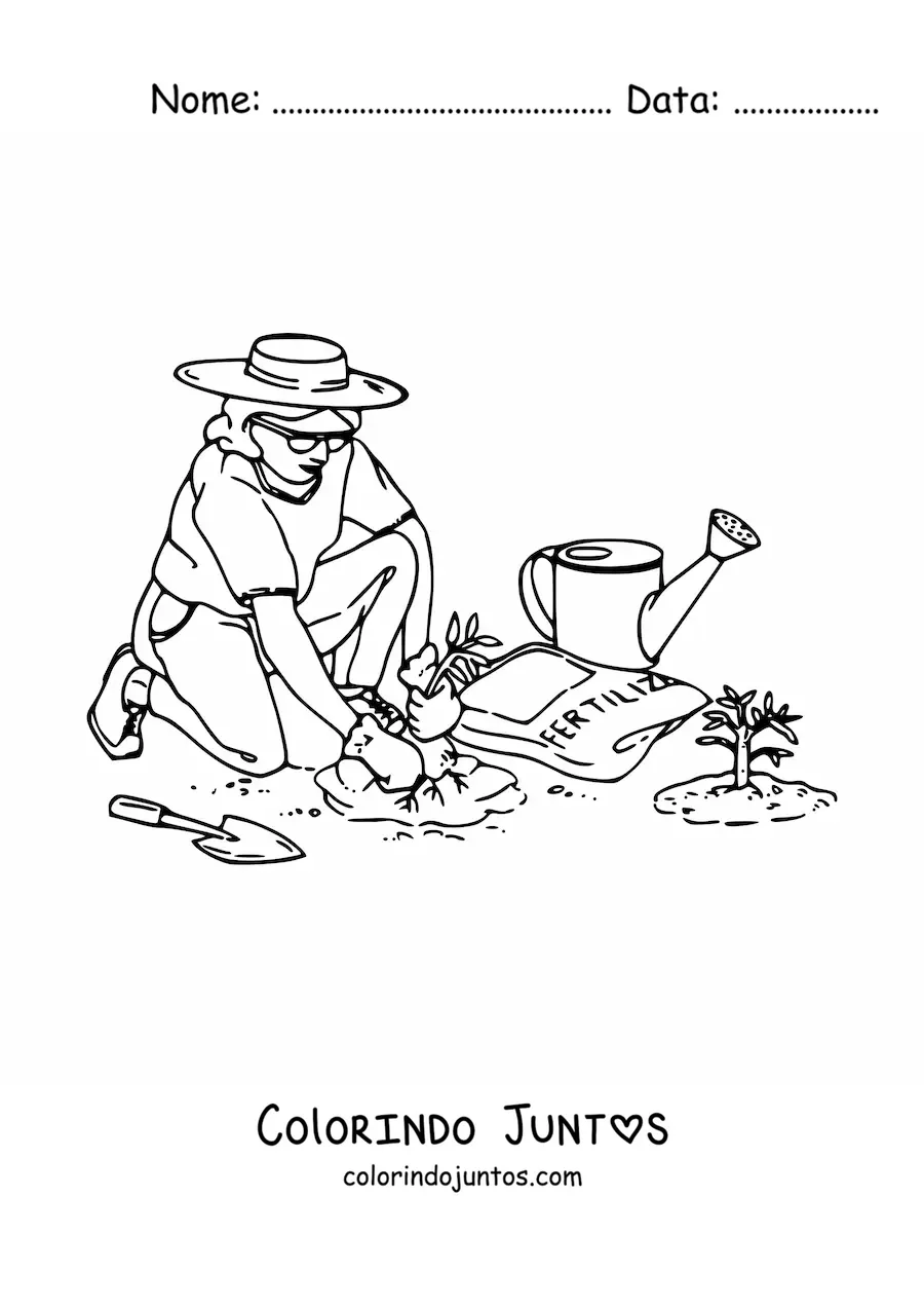 Desenho para colorir de mulher jardineira com chapeu plantando no jardim