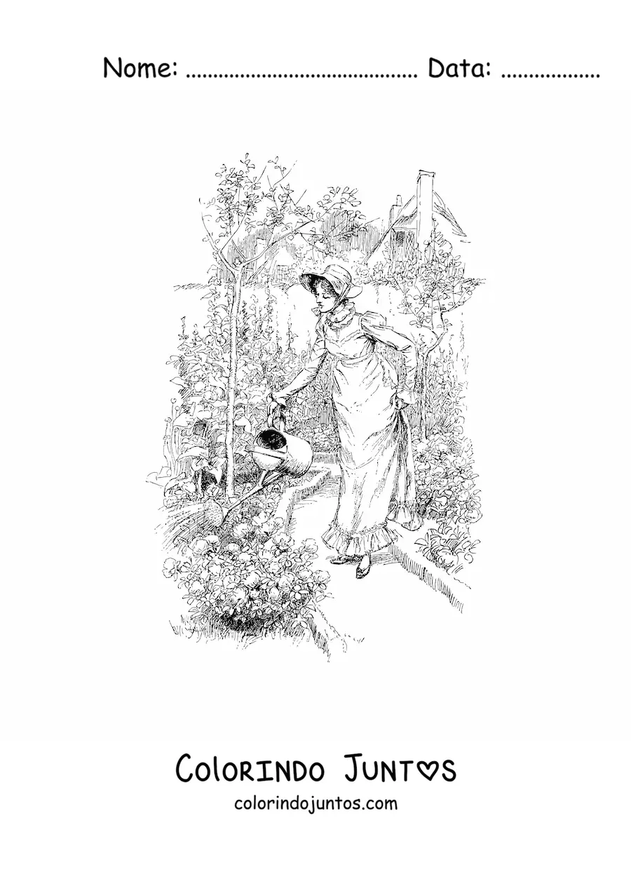 Desenho para colorir de jardineira antiga realista regando as plantas