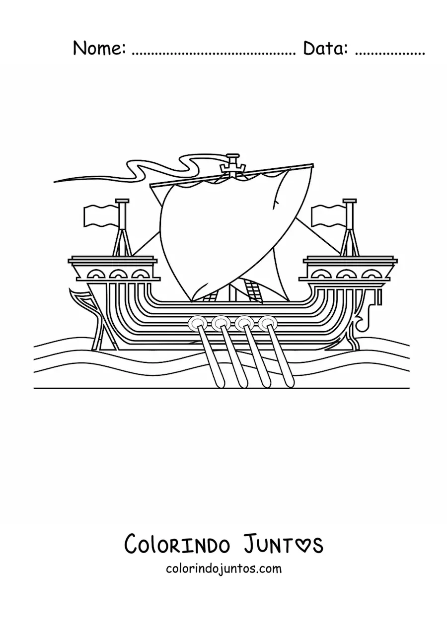 Desenho para colorir de um navio viking no mar com remos e varias velas