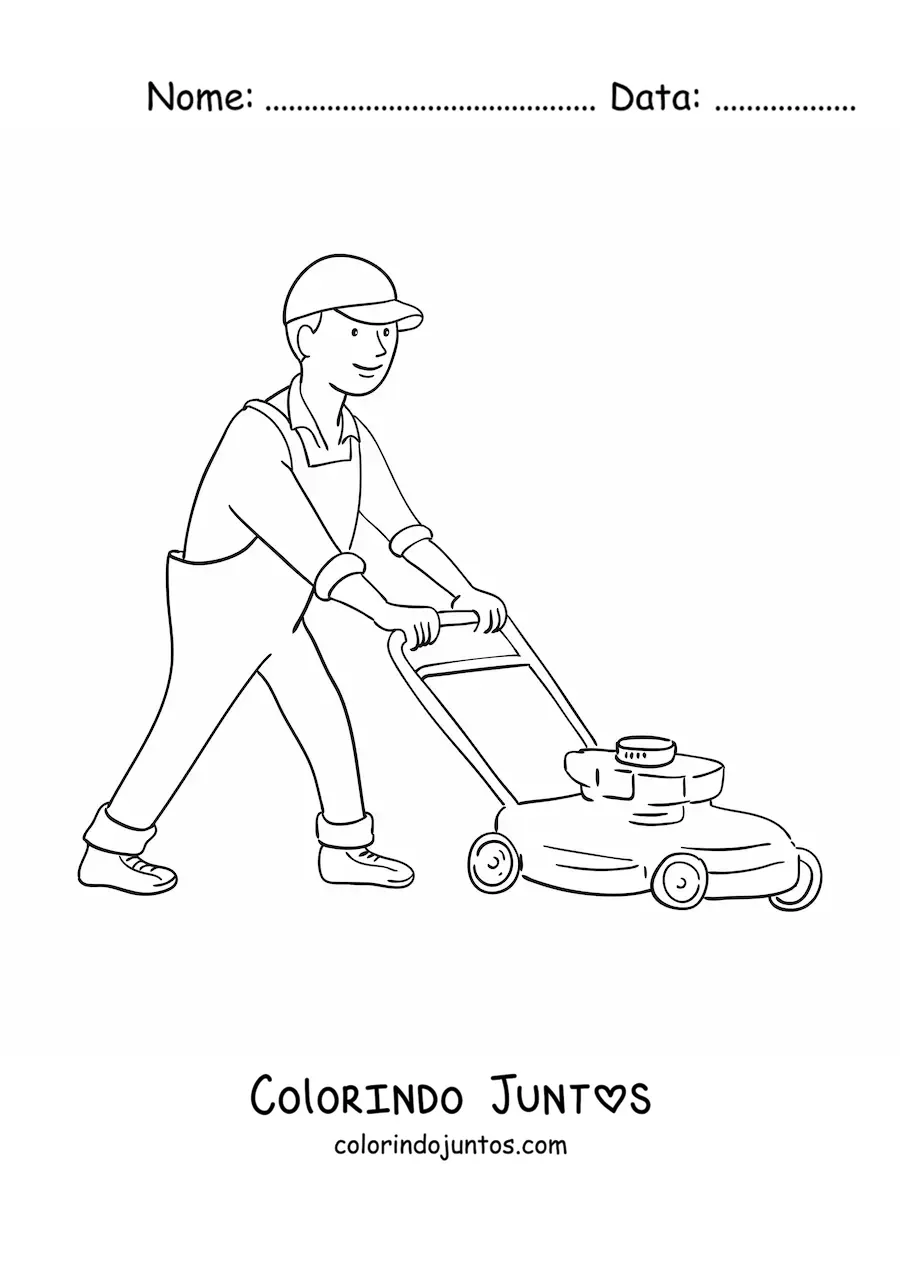 Desenho para colorir de jardineiro animado cortando a grama
