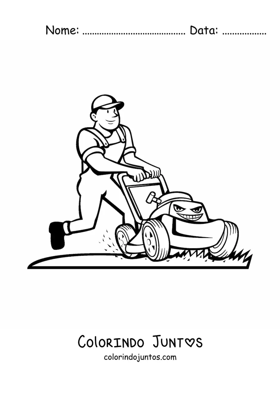 Desenho para colorir de caricatura de um jardineiro cortando a grama