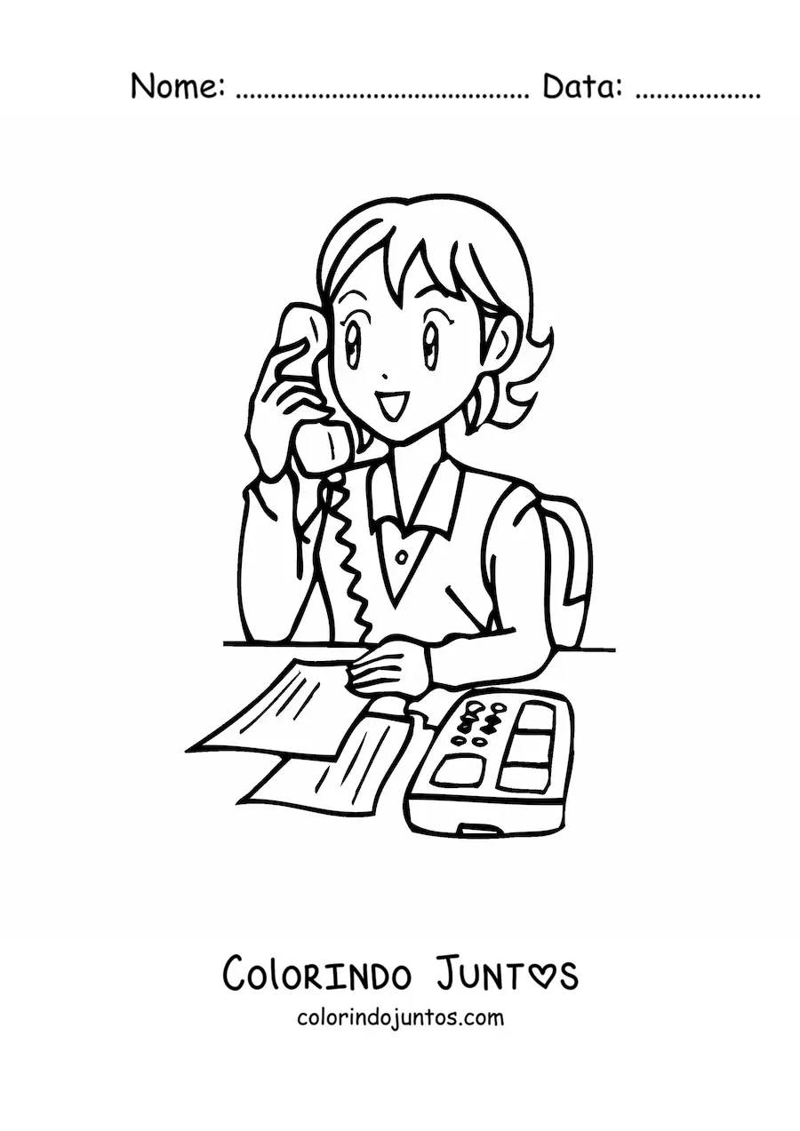 Desenho para colorir de secretaria animada falando ao telefone