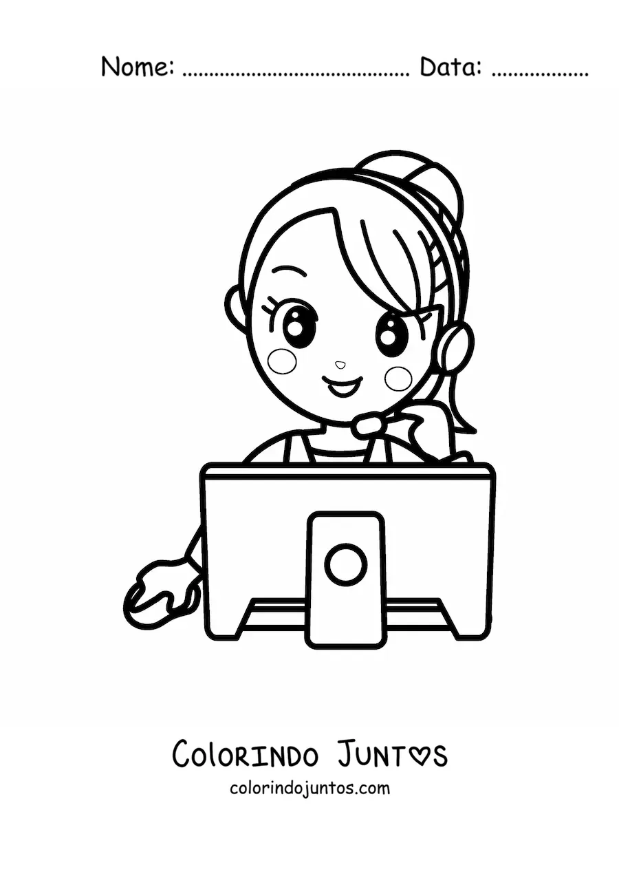 Desenho para colorir de secretaria kawaii falando ao telefone em frente ao computador